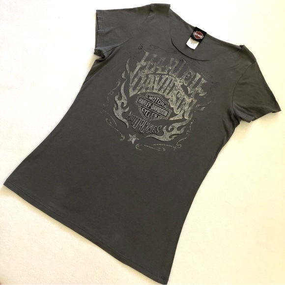 Harley Davidson Women Gray Flame Eagle Texas Raw Edge Cap Sleeve T-Shirt Top XL - Picture 2 of 9